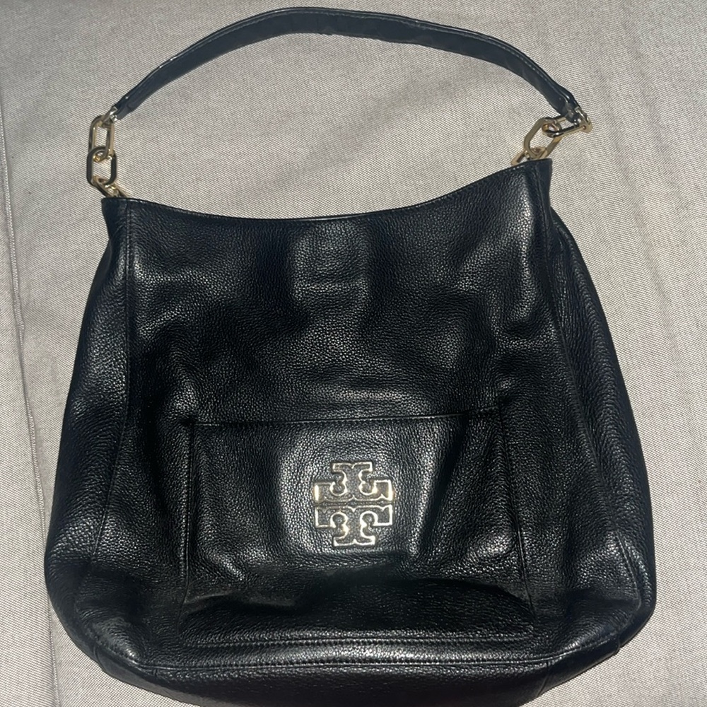 Tory Burch Britten Black Leather Shoulder Bag with Gold Logo Hardware